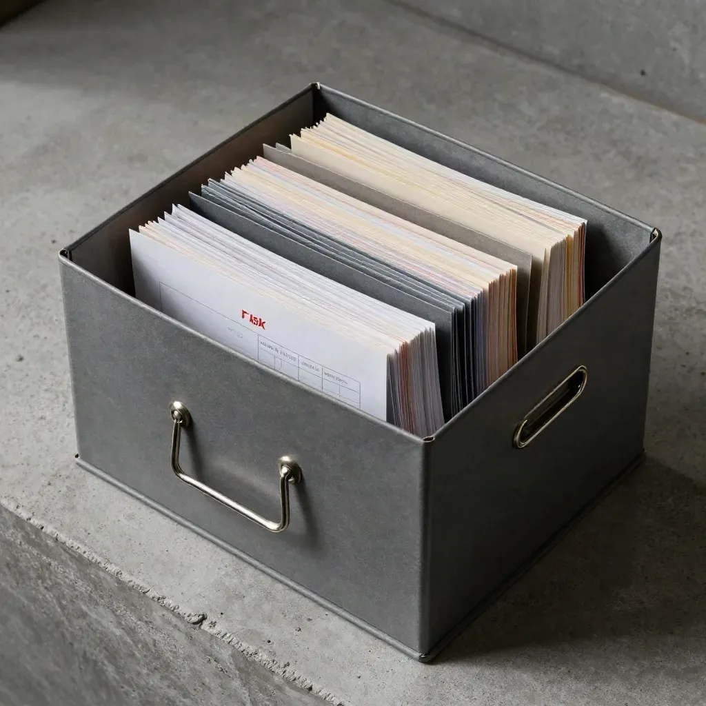 Top-down archive box of binders and redacted sleeves on concrete, sorted for due diligence.
