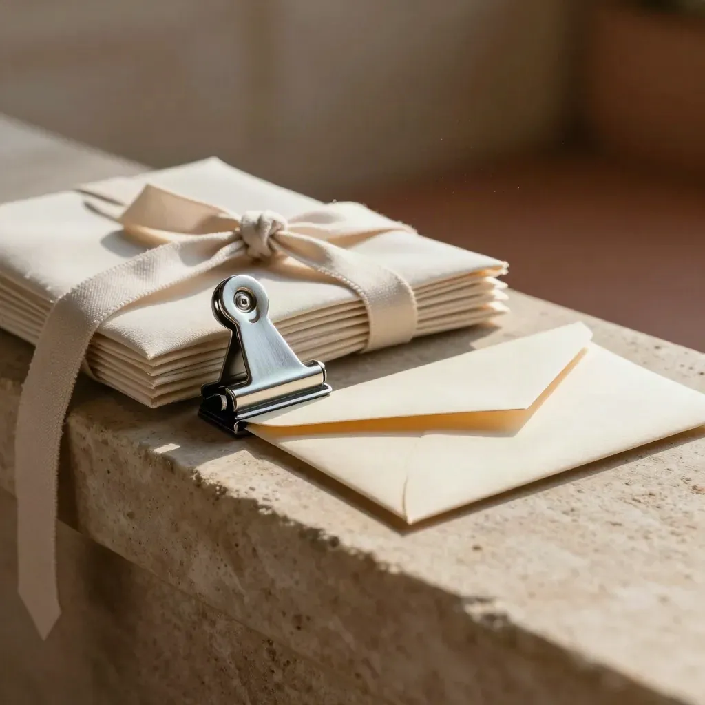 Brushed metal finance kit with ribbon-tied packets and a sealed envelope on pale stone.