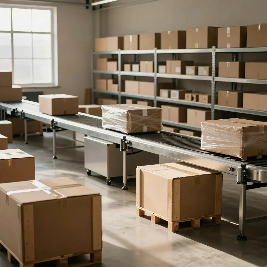 Expanded fulfilment floor with crates, shelving, packing stations and cartons under bright side light.