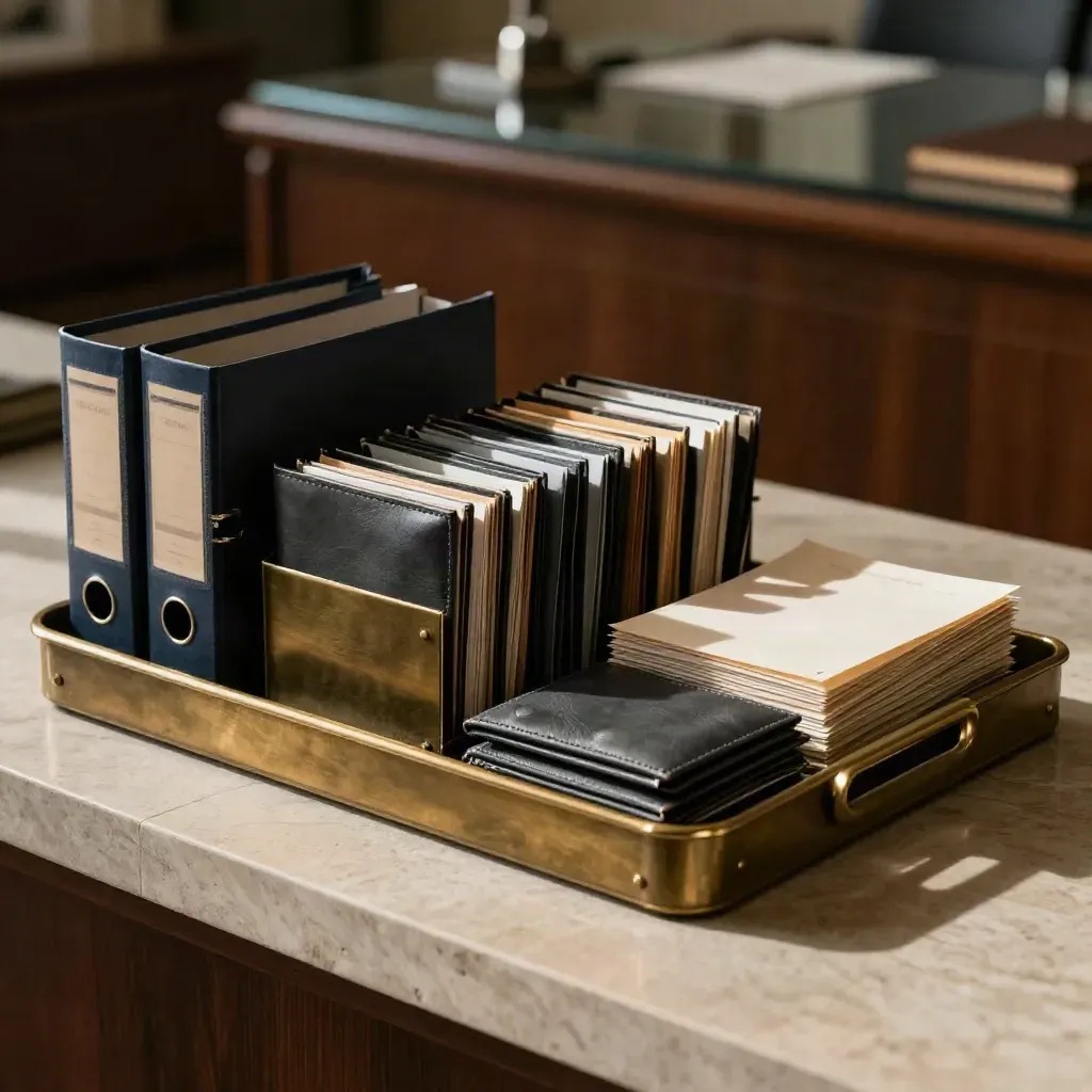 Sealed deal trays, navy sleeves, bronze dividers, and diligence packets on a stone credenza