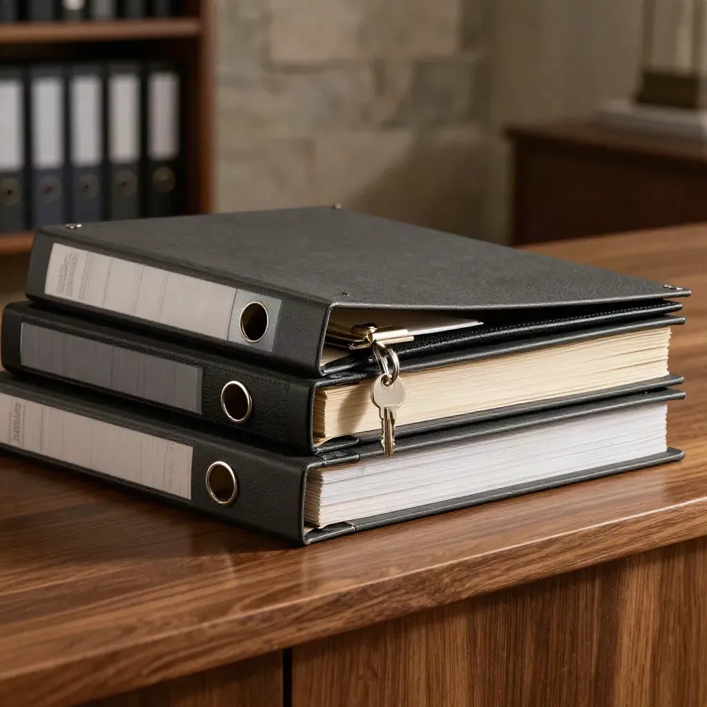 Investor binders, leather folio and metal tabs in dramatic low-key light