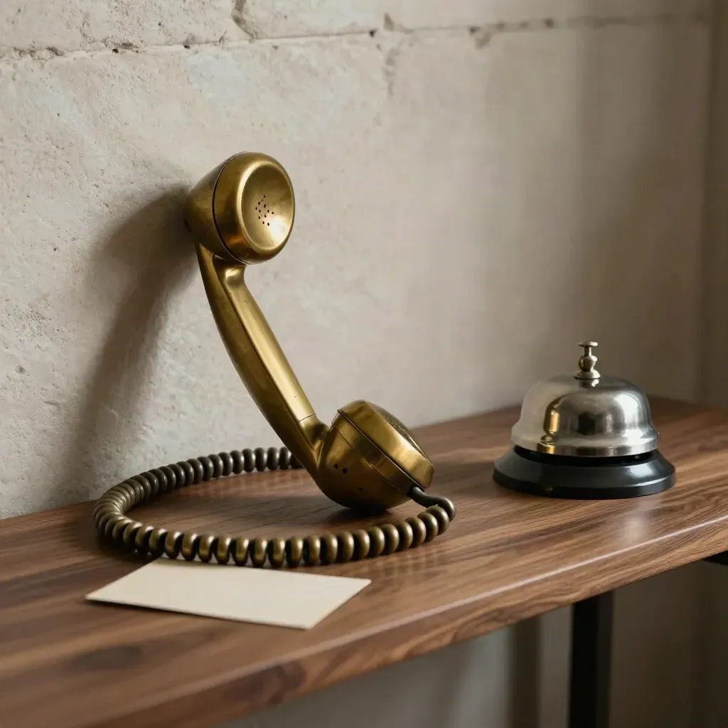 Brass handset, coiled cord and appointment bell on walnut shelf under soft side light.