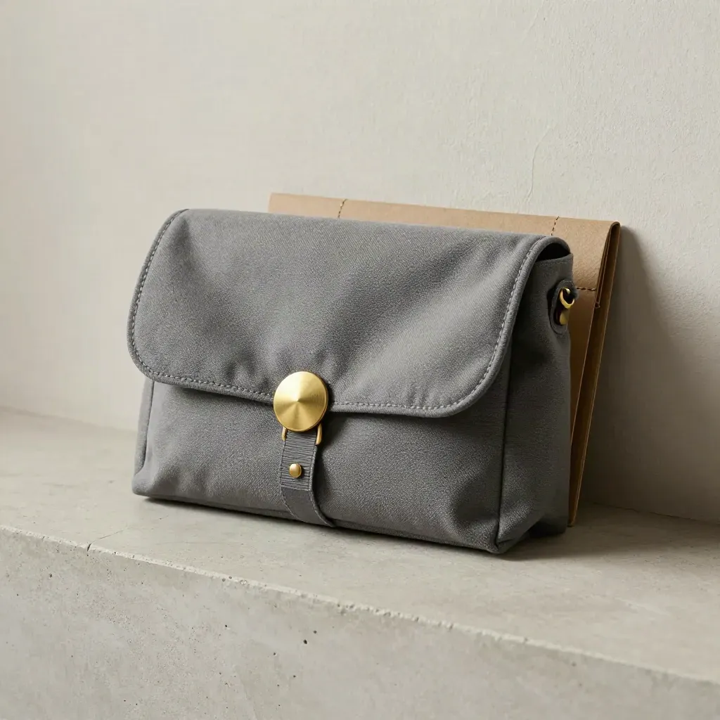 Waxed courier pouch, brass seal and clasped file case on pale concrete plinth