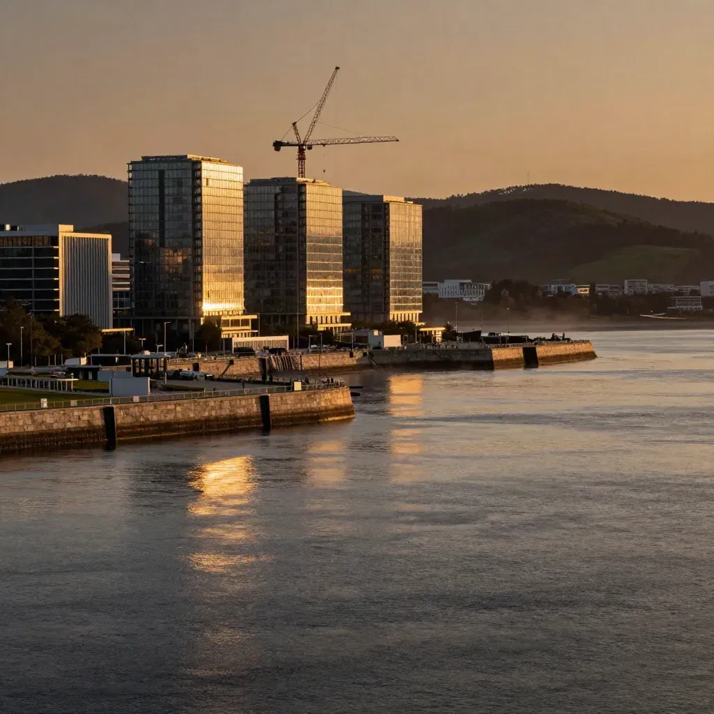 Golden-hour North West waterfront with docks, glass towers, calm estuary and distant hills